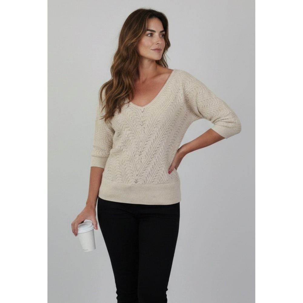 White House Black Market Gold Metallic Pointelle V-Neck 3/4 Sleeve Sweater Small